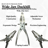 Wide jaw duckbill pliers used in woodwind instrument repair and crafting.